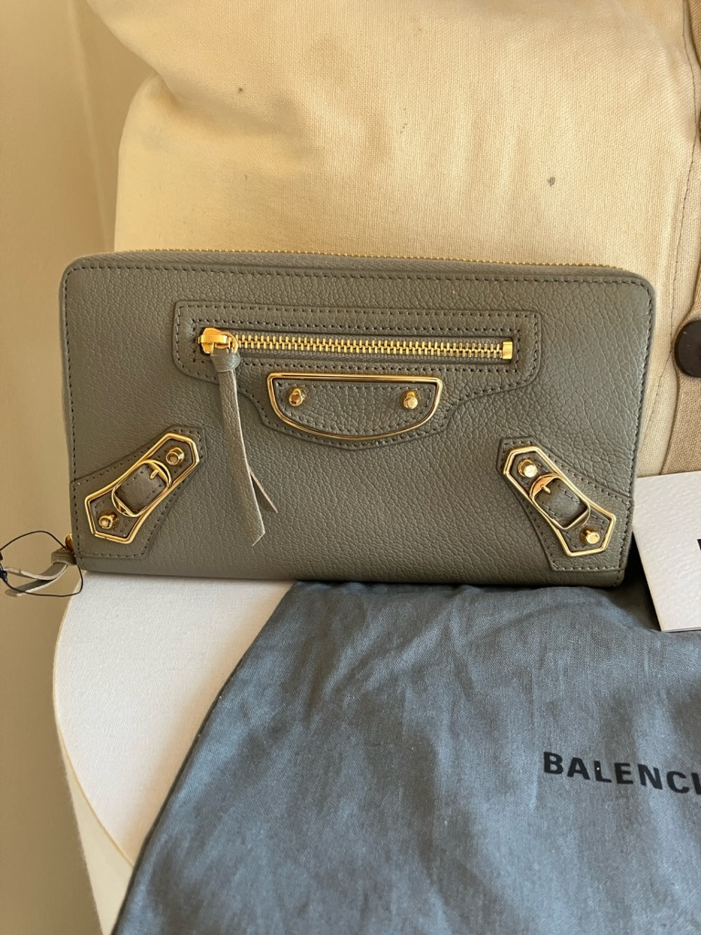 Balenciaga Grey Gris Leather Gold Metallic Edge Zip Around Wallet New With Tags